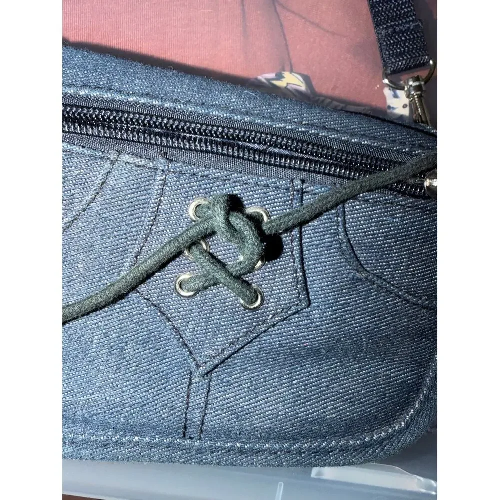 Vintage Y2K Denim Crossbody Purse Wallet Bag Lace Up Corset Front Zip Pocket